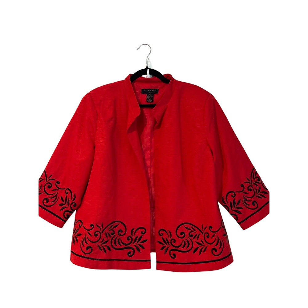 Silk Land Woman Red Silk Embroidered Open Front Blazer Jacket Plus 1X 3/4 Sleeve